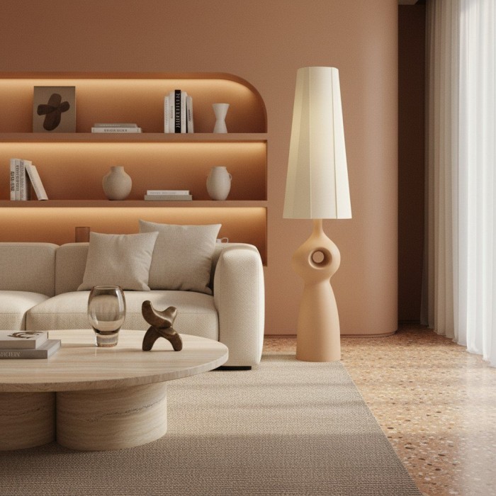 Lampadaire sculptural en céramique Pryssa - Abat-jour en lin ivoire pour salon HL1861