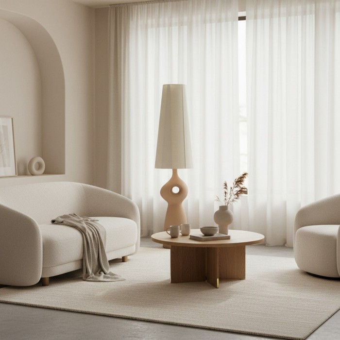 Lampadaire sculptural en céramique Pryssa - Abat-jour en lin ivoire pour salon HL1861