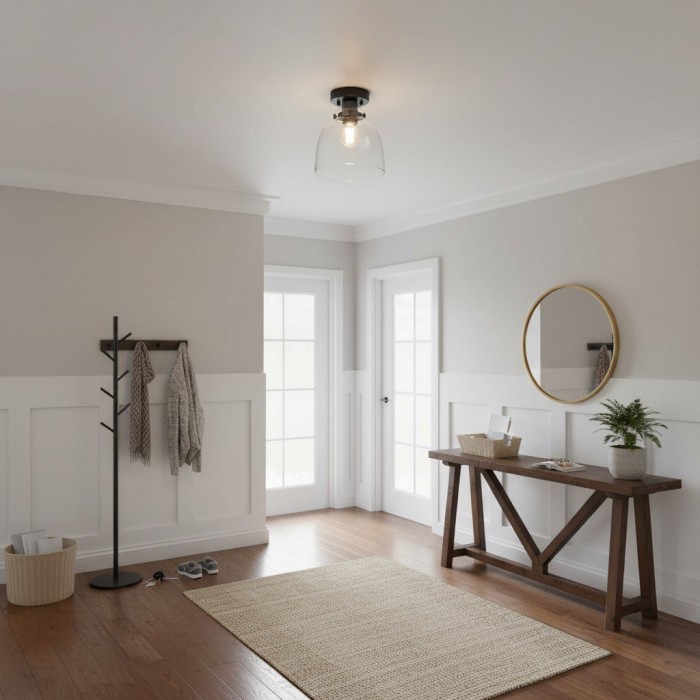 Ravion Knurled Chrome Ceiling Light Industrial Glass Shade - Living Room HL2023