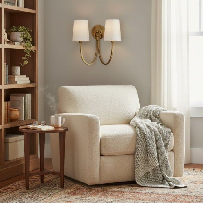 Roven Modern Double Wall Sconce with Curved Arms and Fabric Shades - Classic Accent Lighting for Bedroom HL1931