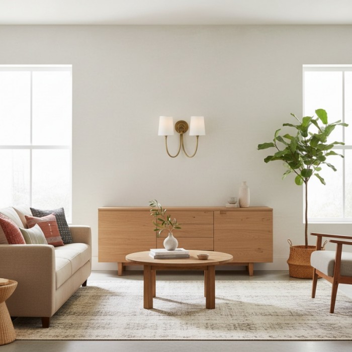 Roven Modern Double Wall Sconce with Curved Arms and Fabric Shades - Classic Accent Lighting for Bedroom HL1931