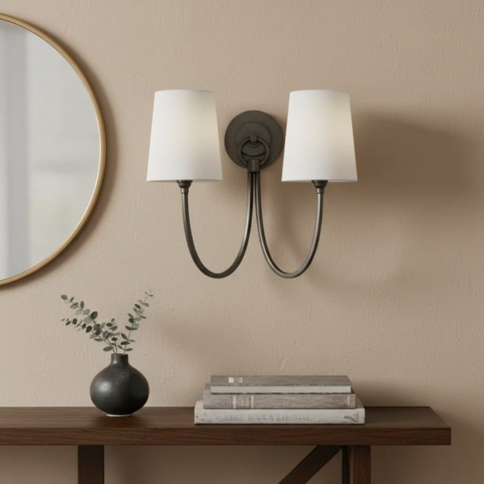 Roven Modern Double Wall Sconce with Curved Arms and Fabric Shades - Classic Accent Lighting for Bedroom HL1931