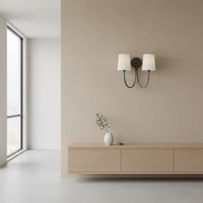 Roven Modern Double Wall Sconce with Curved Arms and Fabric Shades - Classic Accent Lighting for Bedroom HL1931
