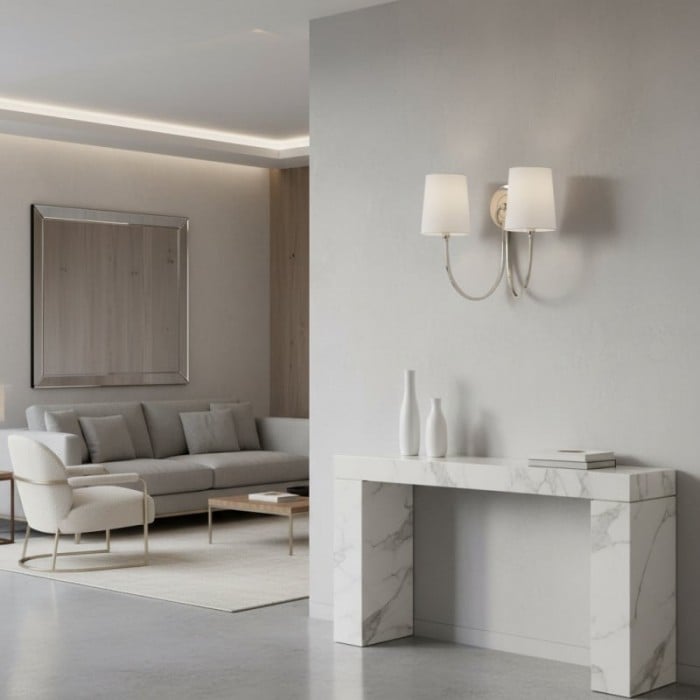 Roven Modern Double Wall Sconce with Curved Arms and Fabric Shades - Classic Accent Lighting for Bedroom HL1931