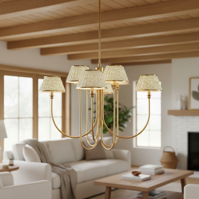 Ruchee Chandelier - Layered Fabric Shade Brass Ceiling Light for Dining or Living Spaces HL1891
