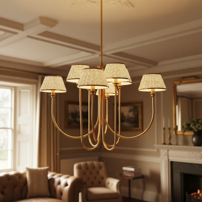 Ruchee Chandelier - Layered Fabric Shade Brass Ceiling Light for Dining or Living Spaces HL1891