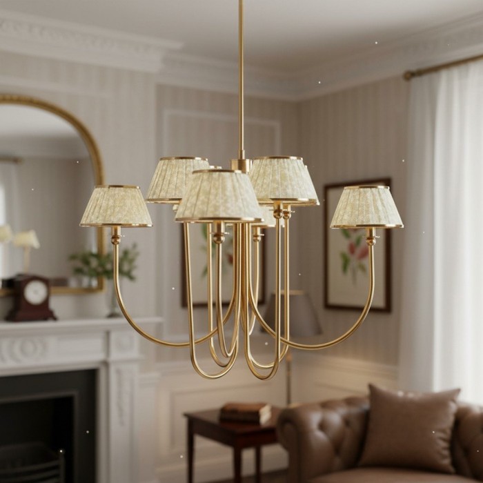 Ruchee Chandelier - Layered Fabric Shade Brass Ceiling Light for Dining or Living Spaces HL1891