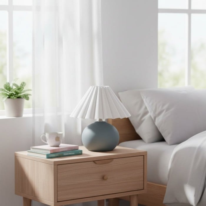 Ruffmeto Decorative Table Lamp - Round Ceramic Base with Pleated Fabric Shade for Cozy Spaces HL1856