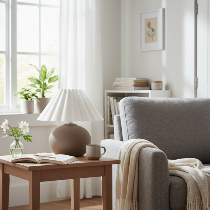 Ruffmeto Decorative Table Lamp - Round Ceramic Base with Pleated Fabric Shade for Cozy Spaces HL1856