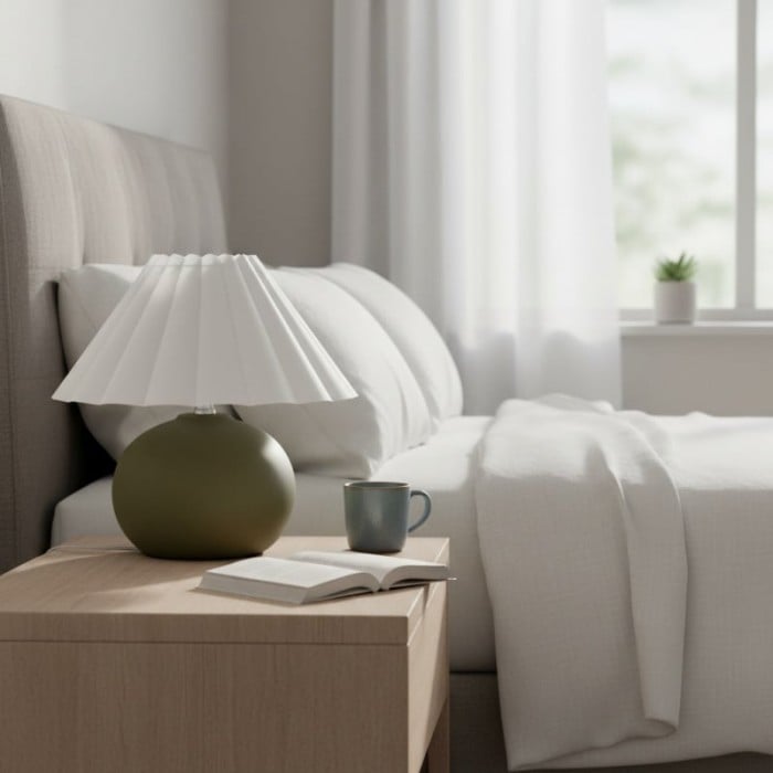 Ruffmeto Decorative Table Lamp - Round Ceramic Base with Pleated Fabric Shade for Cozy Spaces HL1856