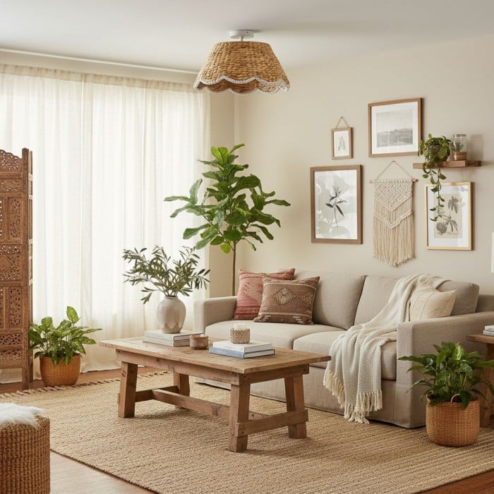 Ruvest Farmhouse plafondlamp met vlakke montage - Gegolfd rotan voor warme interieurs HL2274