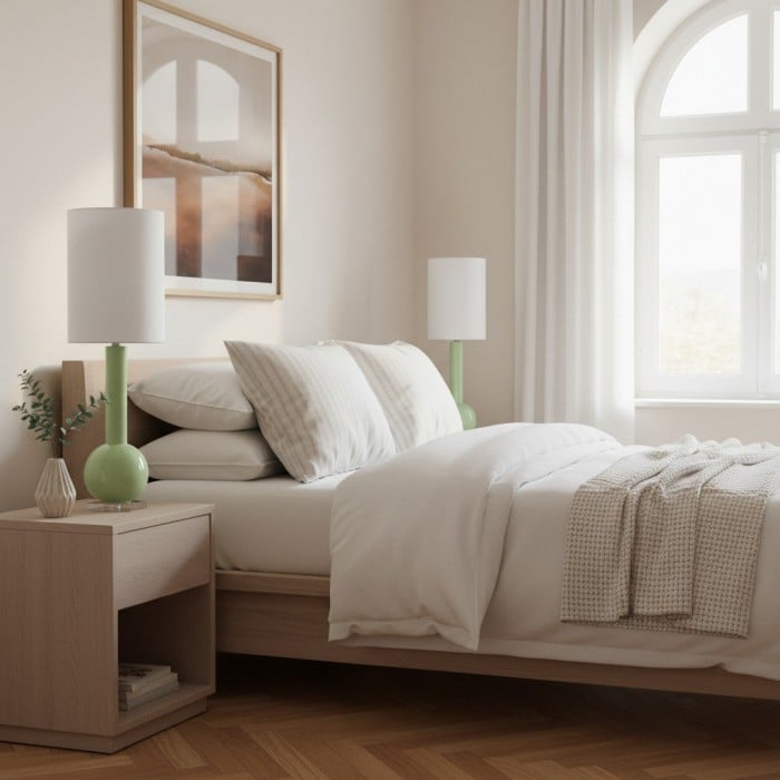 Savara Minimalist Table Lamp - Clean Glass Form with Fabric Shade for Bedrooms HL1900