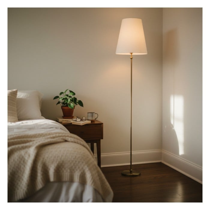 Serena Vintage Stehlampe aus Messing – Eisengestell mit Leinen-Trommelschirm für Wohnzimmer und Leseecken HL1978