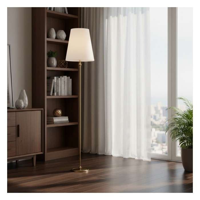 Serena Vintage Stehlampe aus Messing – Eisengestell mit Leinen-Trommelschirm für Wohnzimmer und Leseecken HL1978