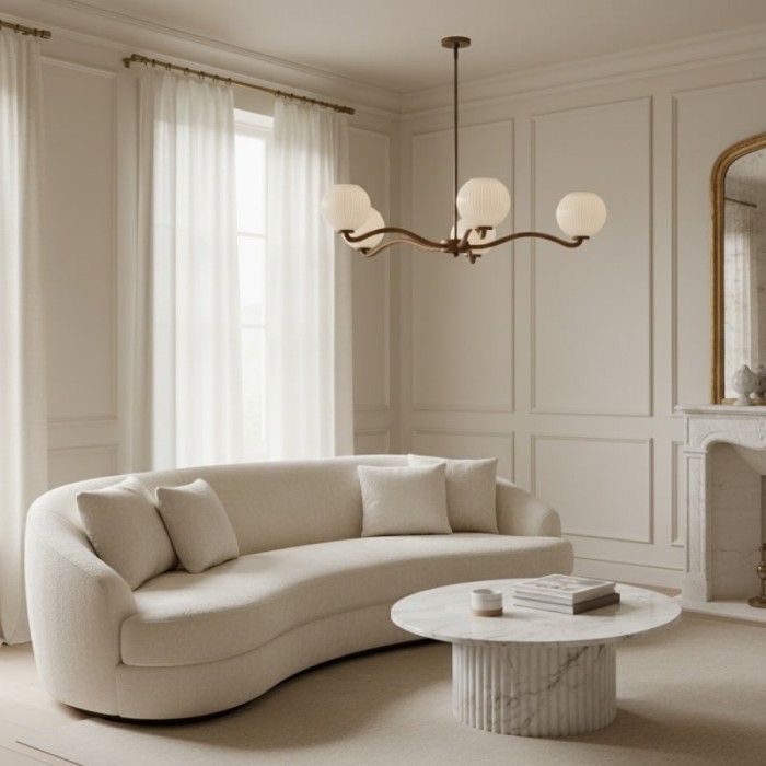 Lámpara de araña contemporánea Shella de cinco esferas - Lámpara colgante de madera, metal y vidrio para dormitorio o comedor