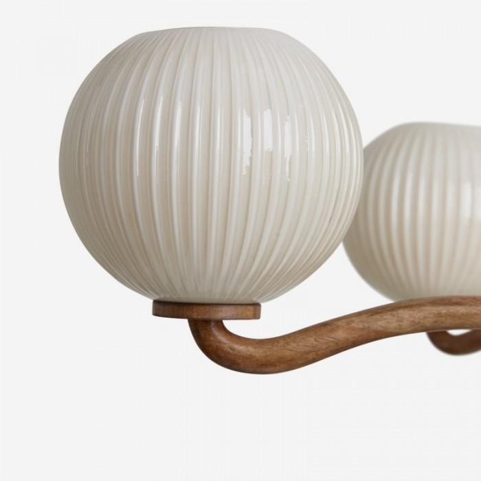 Lámpara de araña contemporánea Shella de cinco esferas - Lámpara colgante de madera, metal y vidrio para dormitorio o comedor