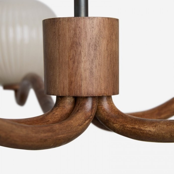 Lámpara de araña contemporánea Shella de cinco esferas - Lámpara colgante de madera, metal y vidrio para dormitorio o comedor