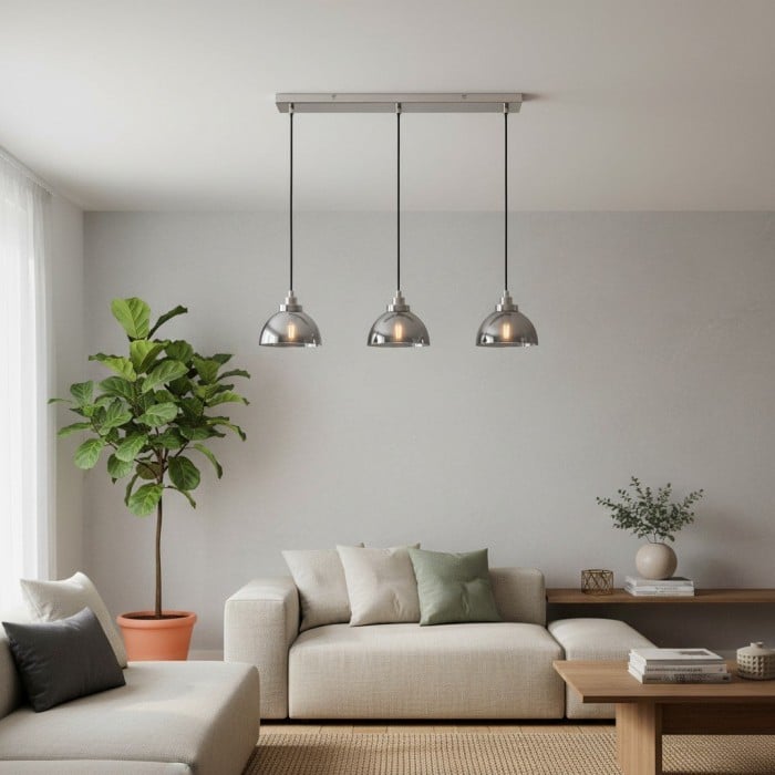 Shimmera 3-flammige lineare Pendelleuchte – Spiegelglasschirme mit moderner Nickeloberfläche für Esszimmer HL2074