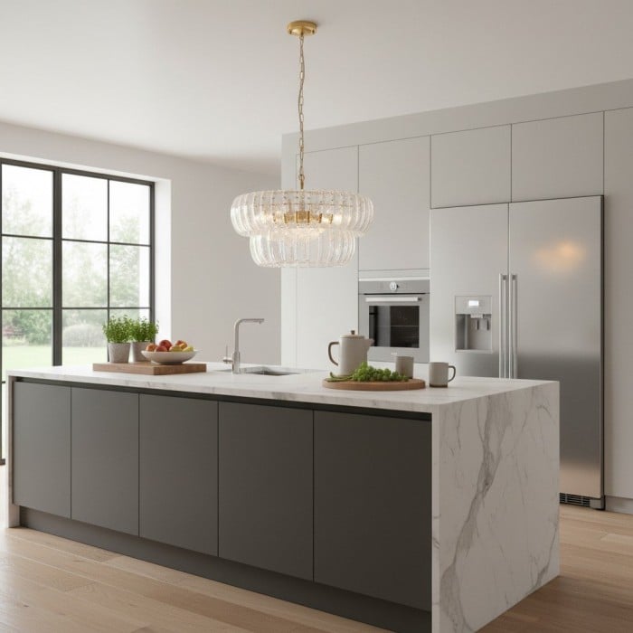 Solara hanglamp met 6 lampen in meerdere lagen - Cascaderend gebogen glas en metalen frame voor eetkamer en hal HL2102