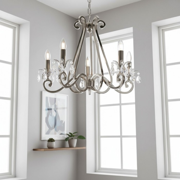 Kryształowy żyrandol Talonis – tradycyjny styl świecy, mosiądz i nikiel, do salonu i jadalni HL2157