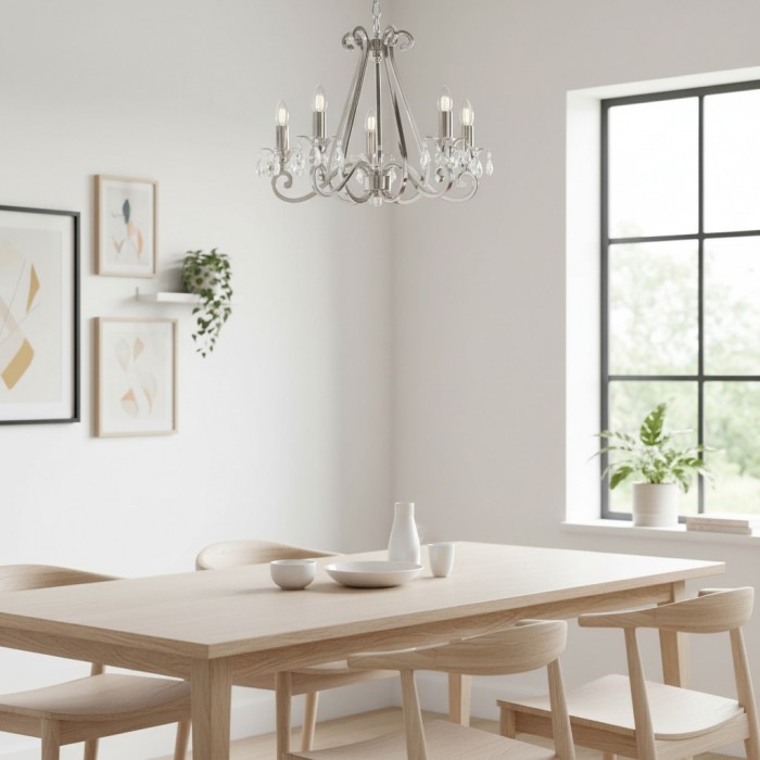 Kryształowy żyrandol Talonis – tradycyjny styl świecy, mosiądz i nikiel, do salonu i jadalni HL2157