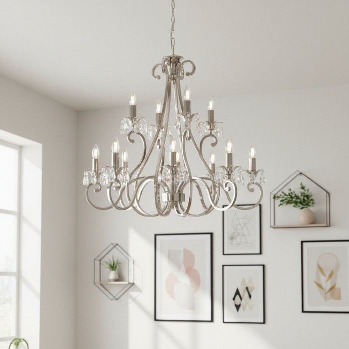 Kryształowy żyrandol Talonis – tradycyjny styl świecy, mosiądz i nikiel, do salonu i jadalni HL2157
