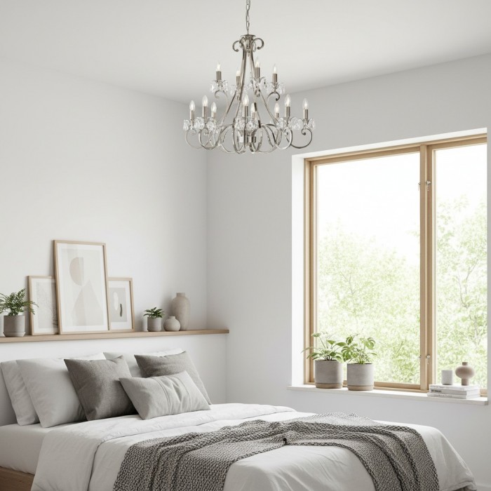 Kryształowy żyrandol Talonis – tradycyjny styl świecy, mosiądz i nikiel, do salonu i jadalni HL2157