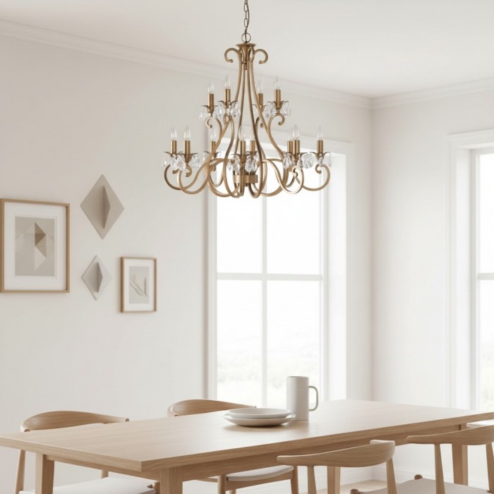 Kryształowy żyrandol Talonis – tradycyjny styl świecy, mosiądz i nikiel, do salonu i jadalni HL2157