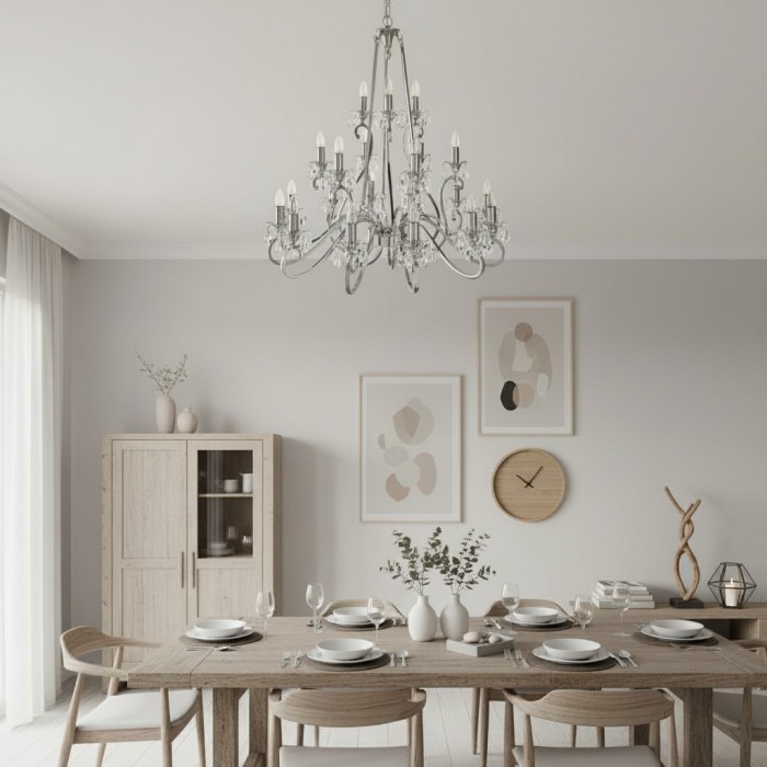 Kryształowy żyrandol Talonis – tradycyjny styl świecy, mosiądz i nikiel, do salonu i jadalni HL2157