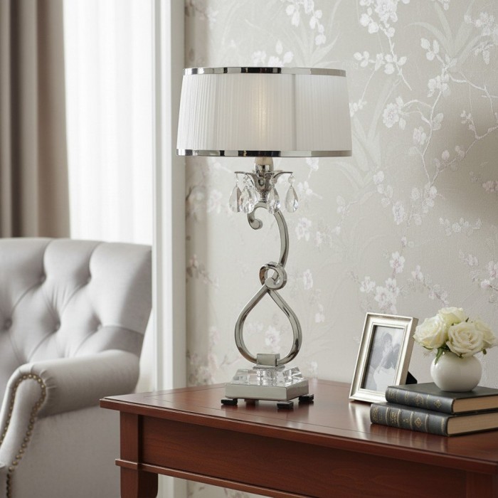Dekoracyjna kryształowa lampa stołowa Talonis – wygięta metalowa lampa do wnętrz domowych HL2146
