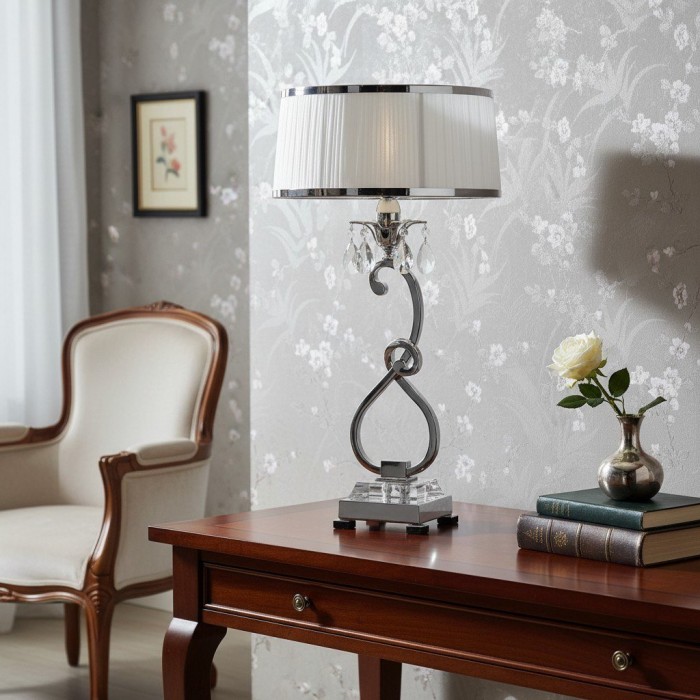 Dekoracyjna kryształowa lampa stołowa Talonis – wygięta metalowa lampa do wnętrz domowych HL2146