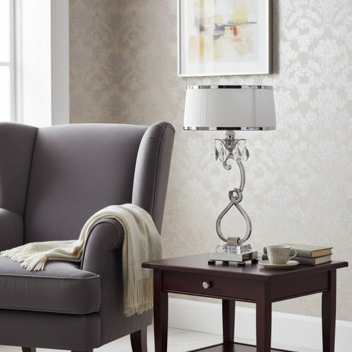 Dekoracyjna kryształowa lampa stołowa Talonis – wygięta metalowa lampa do wnętrz domowych HL2146