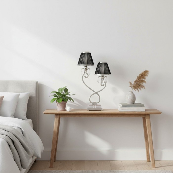 Lampa stołowa Talonis Double – dwa klosze i metalowa podstawa do sypialni i salonu HL2136