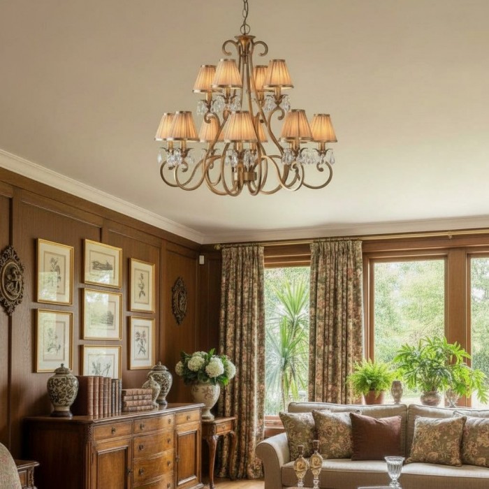 Talonis kroonluchter met meerdere lampen en stoffen armatuur - elegante gebogen metalen armen voor eet- en woonkamer HL2127