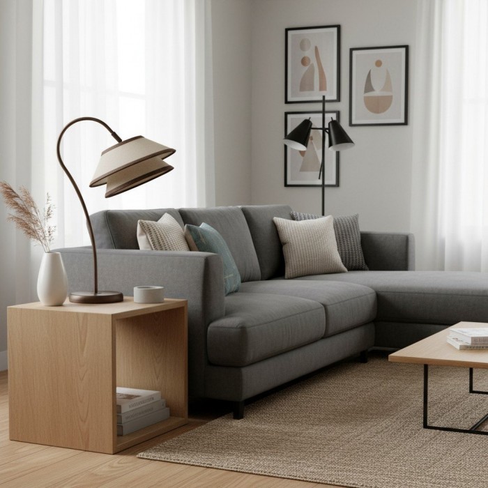 Lampa stołowa Tarivon Stacked – nowoczesny, antyczny klosz z lnu do sypialni i salonu HL1888