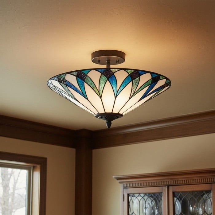 TF Allanton Tiffany Semi Flush Ceiling Light - Art Nouveau Patterned Shade for Living or Dining HL2204