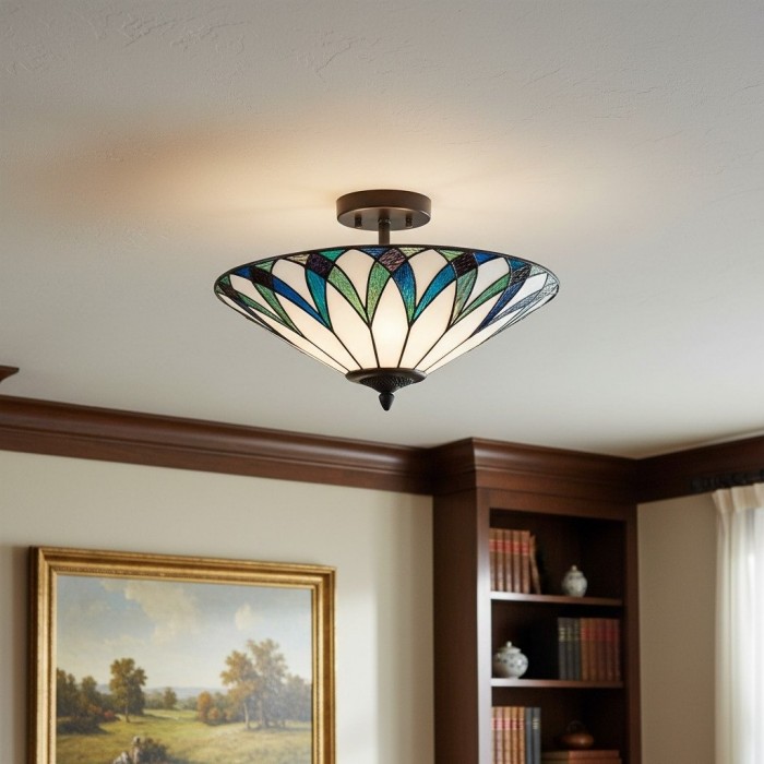 TF Allanton Tiffany Semi Flush Ceiling Light - Art Nouveau Patterned Shade for Living or Dining HL2204