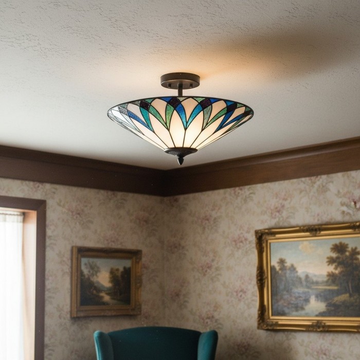 TF Allanton Tiffany Semi Flush Ceiling Light - Art Nouveau Patterned Shade for Living or Dining HL2204