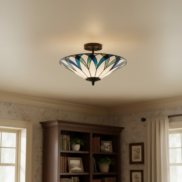 TF Allanton Tiffany Semi Flush Ceiling Light - Art Nouveau Patterned Shade for Living or Dining HL2204