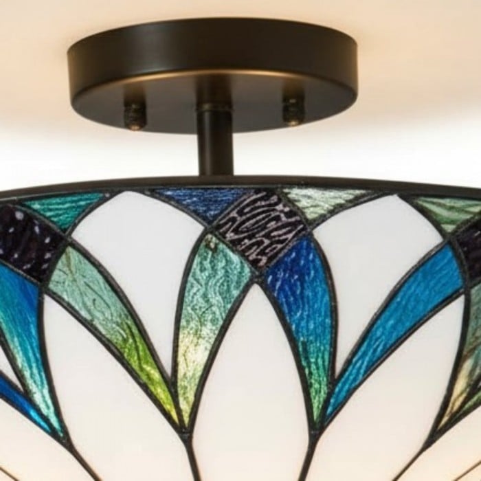 TF Allanton Tiffany Semi Flush Ceiling Light - Art Nouveau Patterned Shade for Living or Dining HL2204