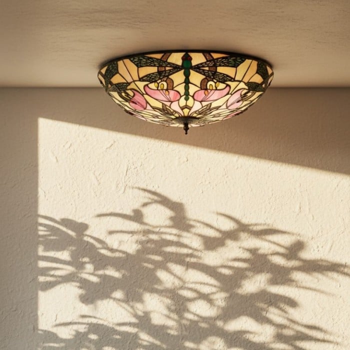 TF Ashton Tiffany Dragonfly Motif Tiffany Glass Flush Surface Mount - Transitional Style for Bedrooms and Lounge Spaces HL2256