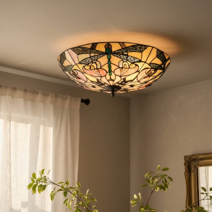 TF Ashton Tiffany Dragonfly Motif Tiffany Glass Flush Surface Mount - Transitional Style for Bedrooms and Lounge Spaces HL2256
