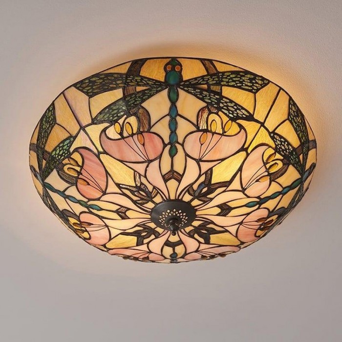 TF Ashton Tiffany Dragonfly Motif Tiffany Glass Flush Surface Mount - Transitional Style for Bedrooms and Lounge Spaces HL2256