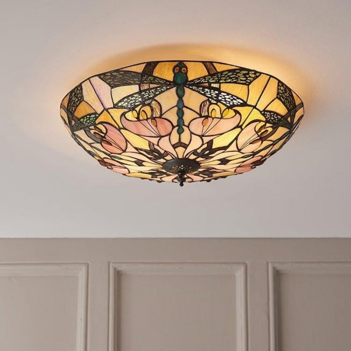 TF Ashton Tiffany Dragonfly Motif Tiffany Glass Flush Surface Mount - Transitional Style for Bedrooms and Lounge Spaces HL2256