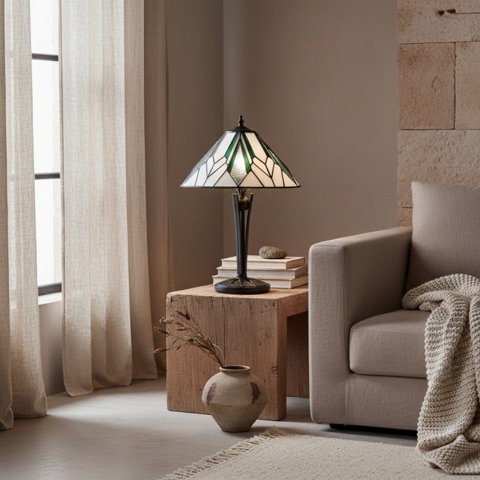 TF Astoria Art Deco tafellamp met glas-in-loodkap - Afgeschuinde en iriserende kap voor slaapkamer of woonkamer HL2048