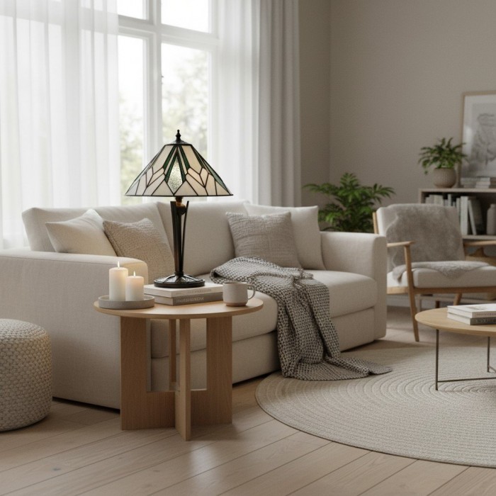 TF Astoria Art Deco tafellamp met glas-in-loodkap - Afgeschuinde en iriserende kap voor slaapkamer of woonkamer HL2048