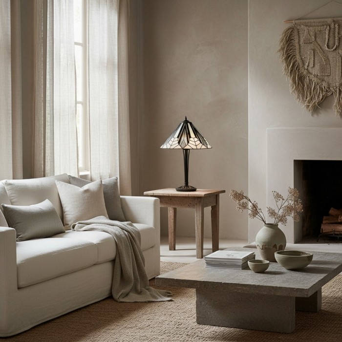 TF Astoria Art Deco tafellamp met glas-in-loodkap - Afgeschuinde en iriserende kap voor slaapkamer of woonkamer HL2048