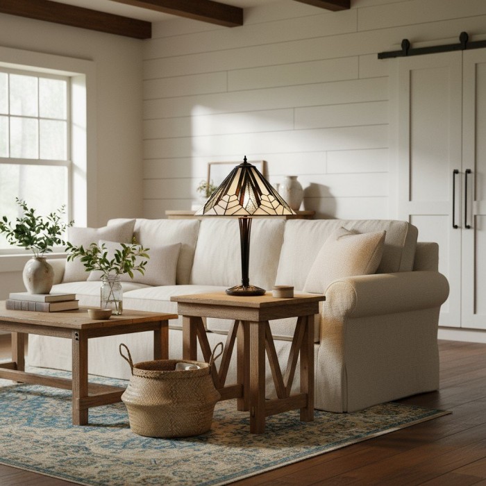 TF Astoria Art Deco tafellamp met glas-in-loodkap - Afgeschuinde en iriserende kap voor slaapkamer of woonkamer HL2048