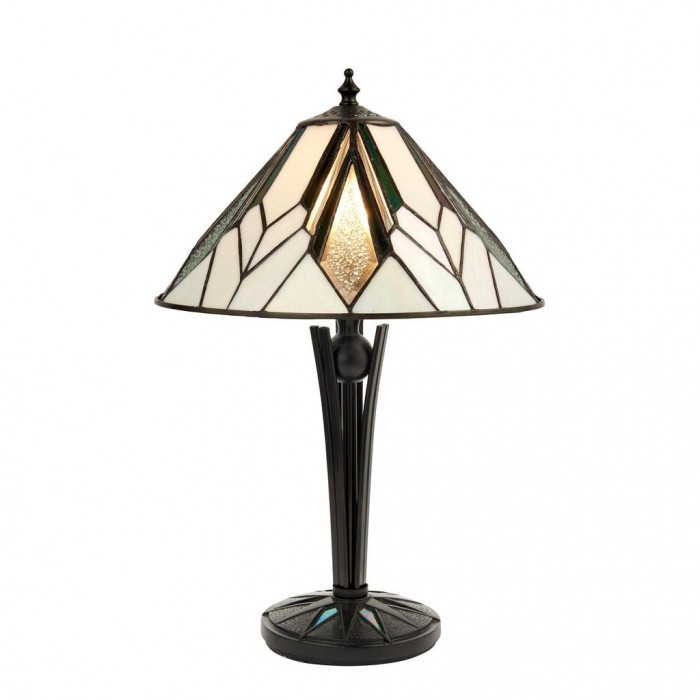 TF Astoria Art Deco tafellamp met glas-in-loodkap - Afgeschuinde en iriserende kap voor slaapkamer of woonkamer HL2048