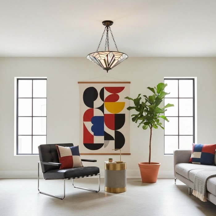 TF Astoria Decorative Stained Glass Semi Flush Light - Art Deco Ceiling Fixture for Entryways & Lounges HL2230